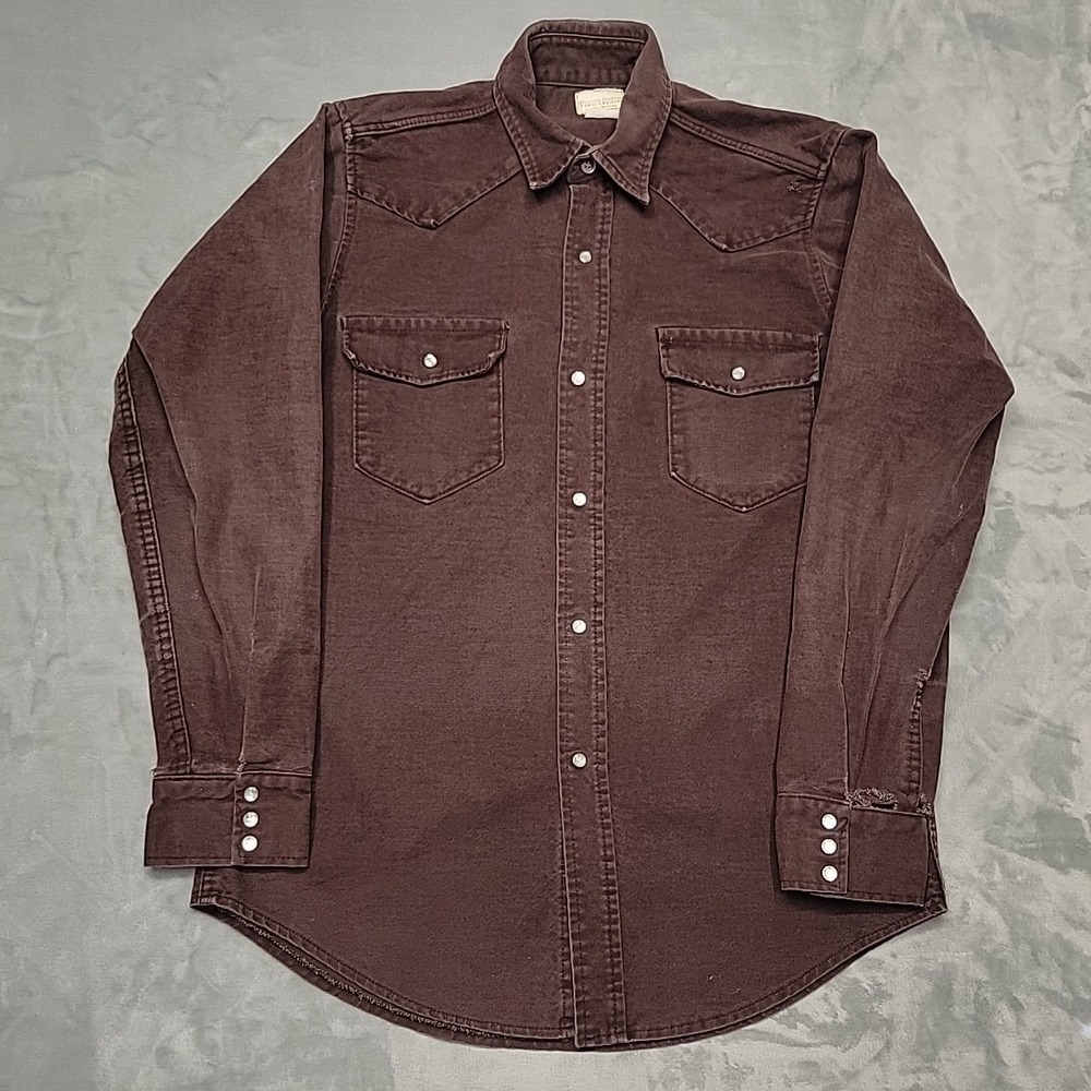 VTG Western Outdoor Shirt Mens Medium Brown Chamois Workwear‎ Grunge Pearl Snap